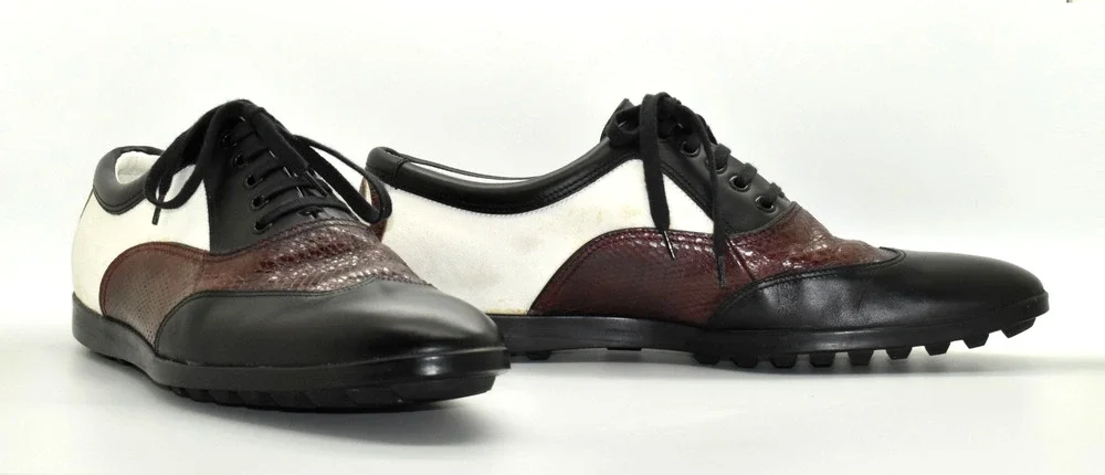 D5 Auth GUCCI Black Burgundy White Snakeskin & Canvas Double G Oxfords Size 11 D